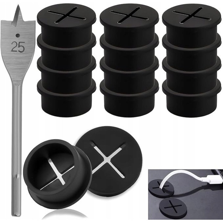 Set 12 treceri cablu Silicon, Negru, cu Burghiu pentru Birou, Acasa, Scoala