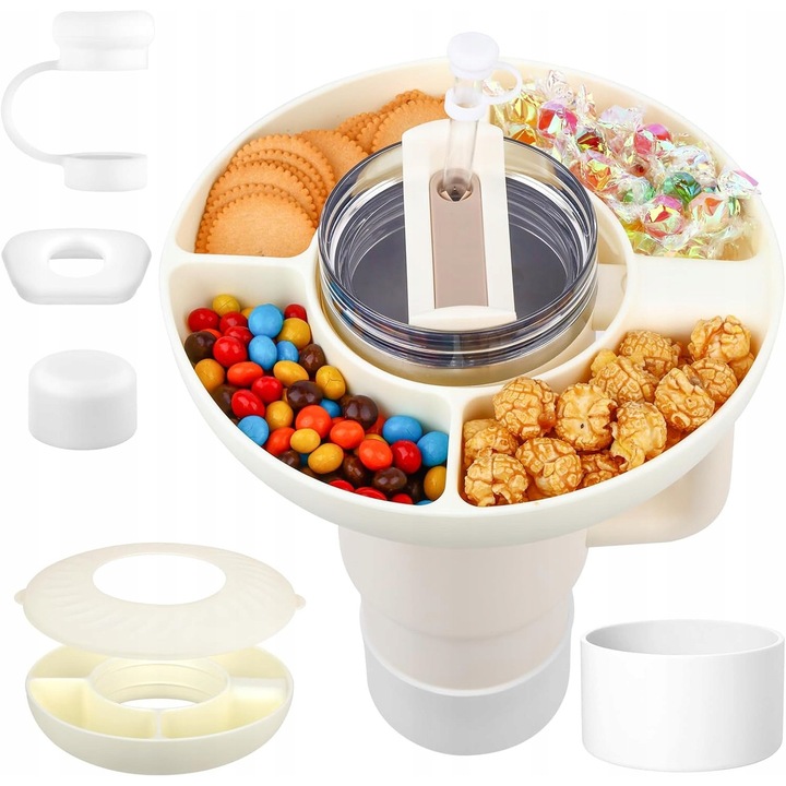 Snack tál fedővel, 4 rekeszes, szilikon, bézs, szett