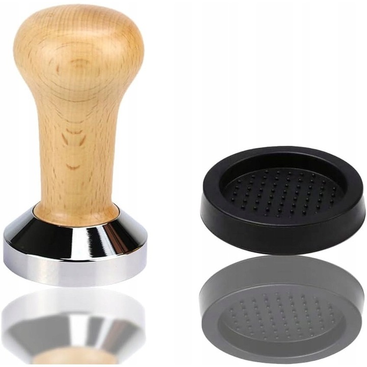 Tamper pentru cafea espresso, 51mm, maner din lemn, cu suport, argintiu + brun, 7cm