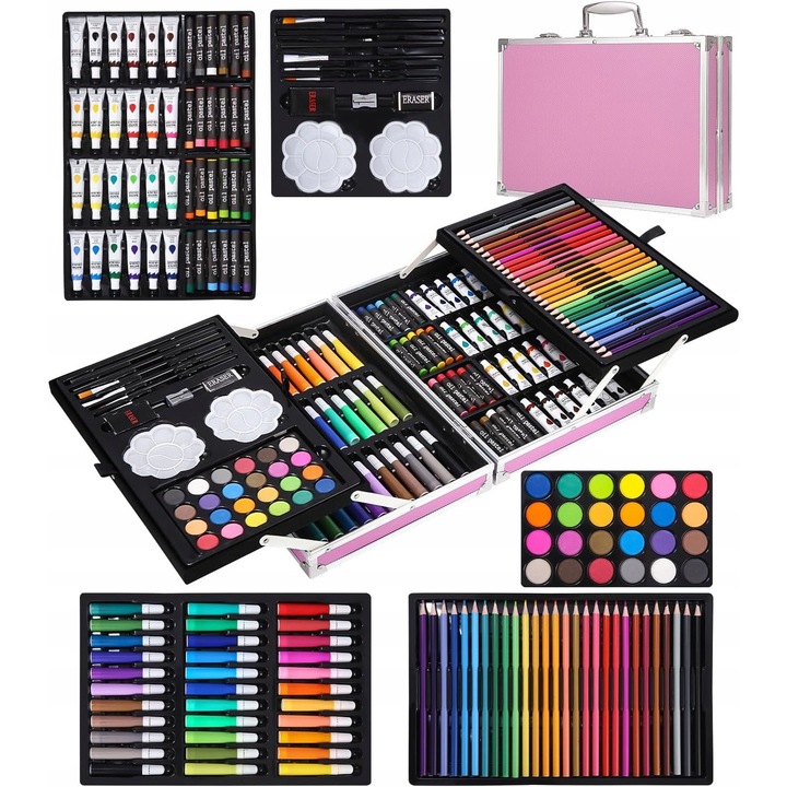 Set artistic 144 piese, valiza, creioane, acuarele, pentru copii