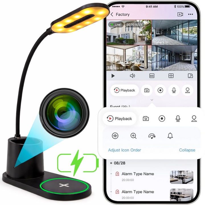 Mini camera in lampa, 32GB, 4K, Wi-Fi, incarcare inductiva, 17,5x8x43cm, set complet