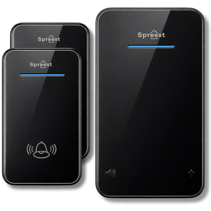 Sonerie electrica fara fir Spreest, 45 melodii, IP44, 300m, set 2x transmitere + 1x receptor, negru