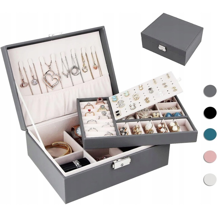 Кутия за бижута, 2 нива, много отделения, сива