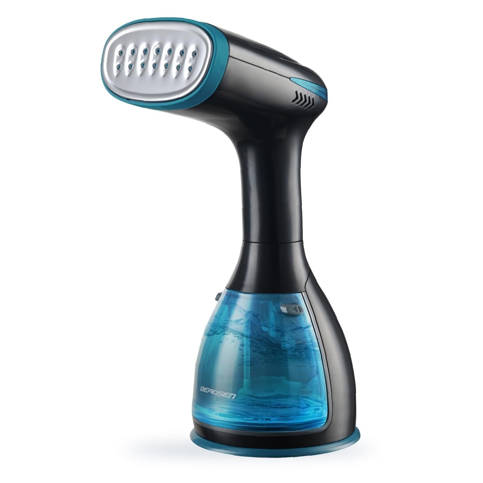 Aparat de calcat vertical cu abur, jet puternic de abur de 32 g/min, recipient 280 ml, atasament pentru perie, buton iluminat, 1500 W, 220 - 240 V, negru si albastru