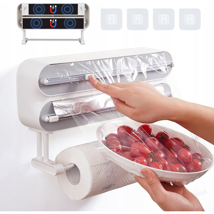 Dispenser magnetic pentru folie alimentara si hartie, organizator 3 in 1, design modern, dimensiuni compacte