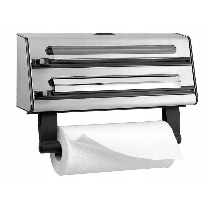 Dispenser pentru folie alimentara si aluminiu, organizator cu taietor, 43,8x11,3x28cm, inox