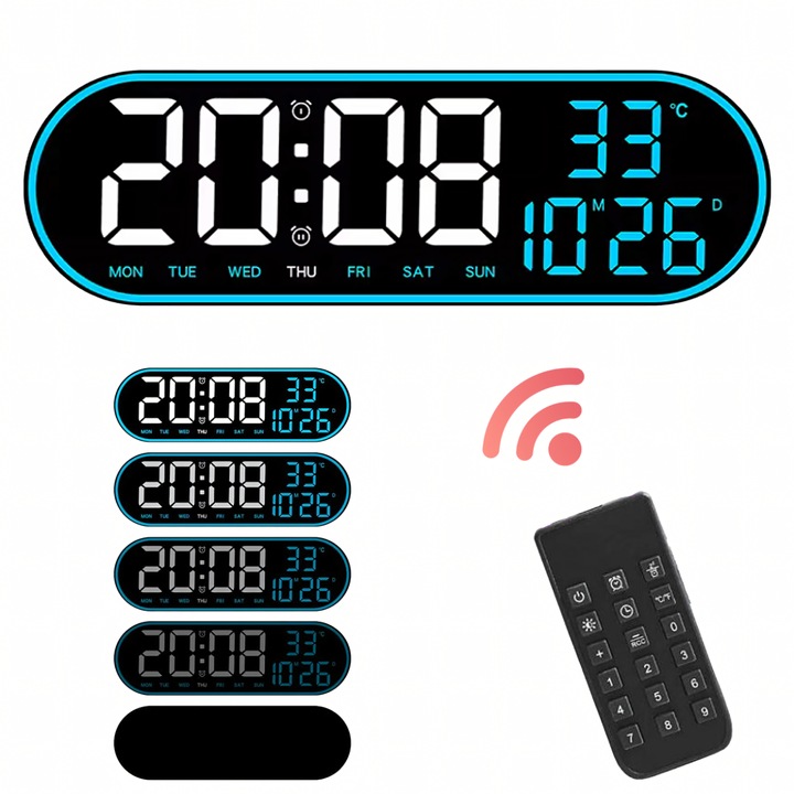 Ceas digital LED de perete, Zola, afisaj ora, data si temperatura, umiditatea, alarma cu amanare, alimentare USB, luminozitate reglabila, 38 x 12 x 3 cm, negru