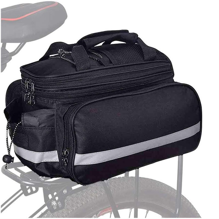 Geanta portbagaj bicicleta Mundo DM047, capacitate 30L, 3 compartimente, impermeabila, husa ploaie inclusa, elemente reflectorizante, fixare cu scai, curea de umar, negru