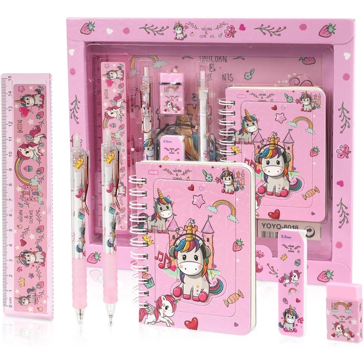 Set complet articole de scris cu unicorni, notepad, creion mecanic, stilou, rigla, 6-11 ani, roz