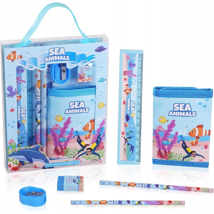 Set complet de rechizite scolare, Vicloon, 2 creioane, rigla, guma, toreba impermeabila