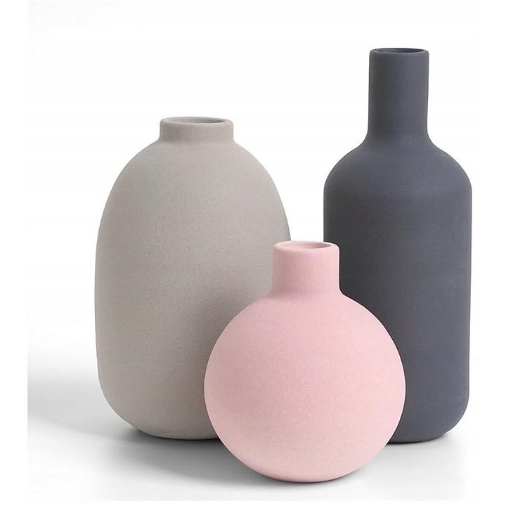 Set 3 vaze decorative ceramice, nuante de gri si roz, 10x19,5cm