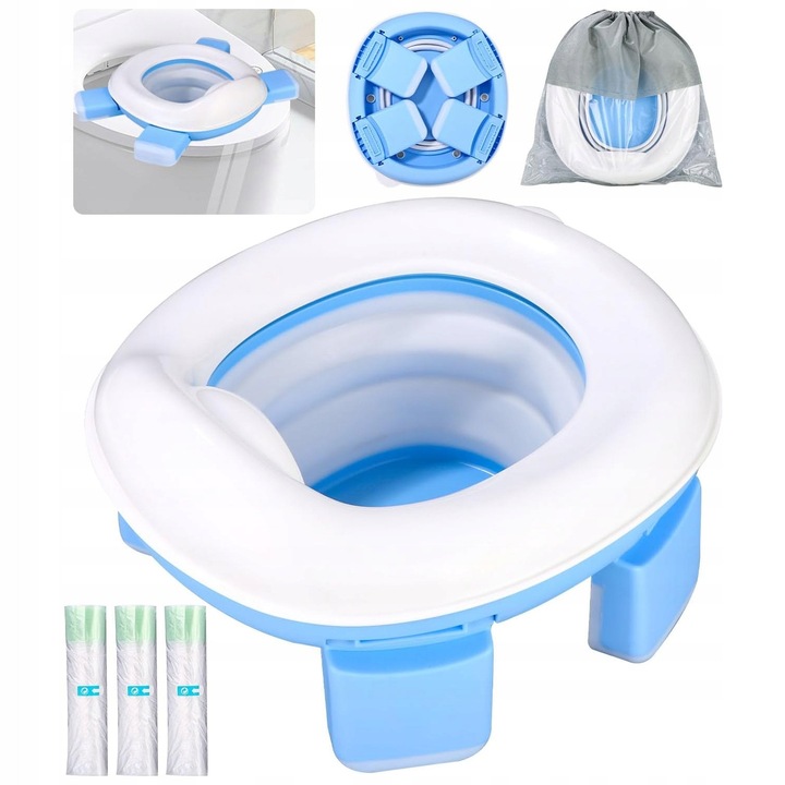 Nocnik pliabil 3 in 1 pentru copii, alb-albastru, cu 40 de pungi, design ergonomic, dimensiuni 28,5x26,2x15cm