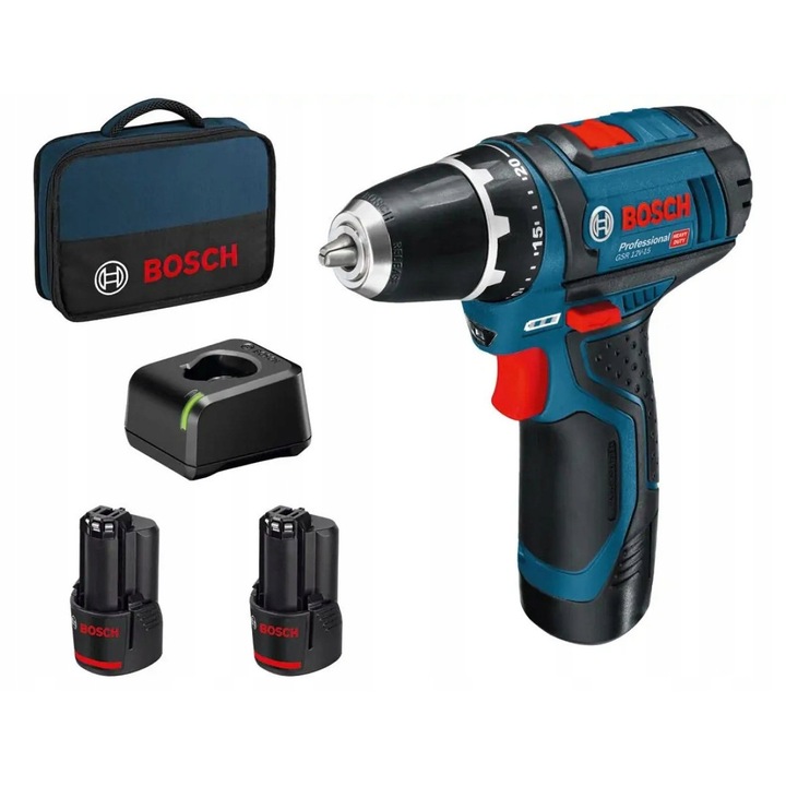 Акумулаторна бормашина Bosch GSR 12V-15, 2 батерии 2,0 Ah, 25 бита, 7 свредла за дърво, 7 свредла за метал, 169 мм, 0,95 кг