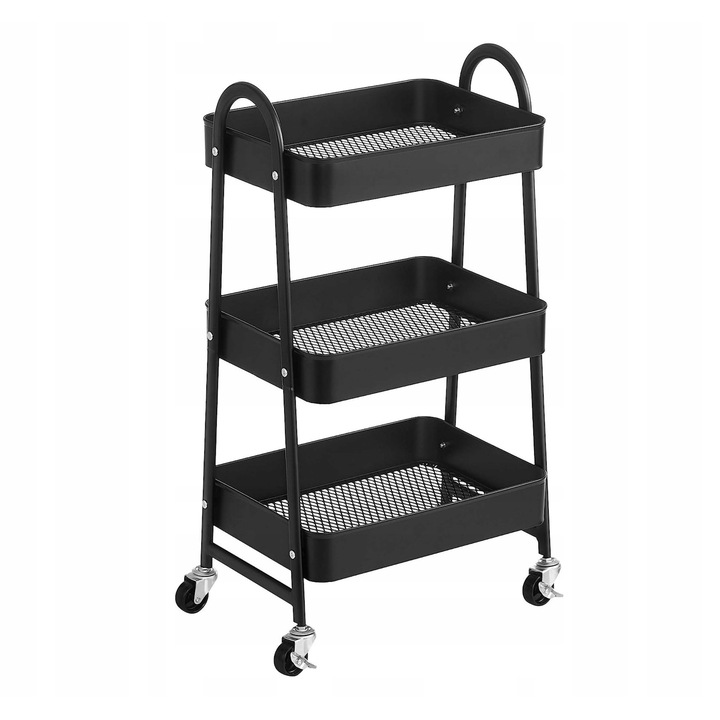 Carucior de servire metalic cu 3 etaje, Songmics, negru, 77,5x41,4x30,7cm, cu roti si frane