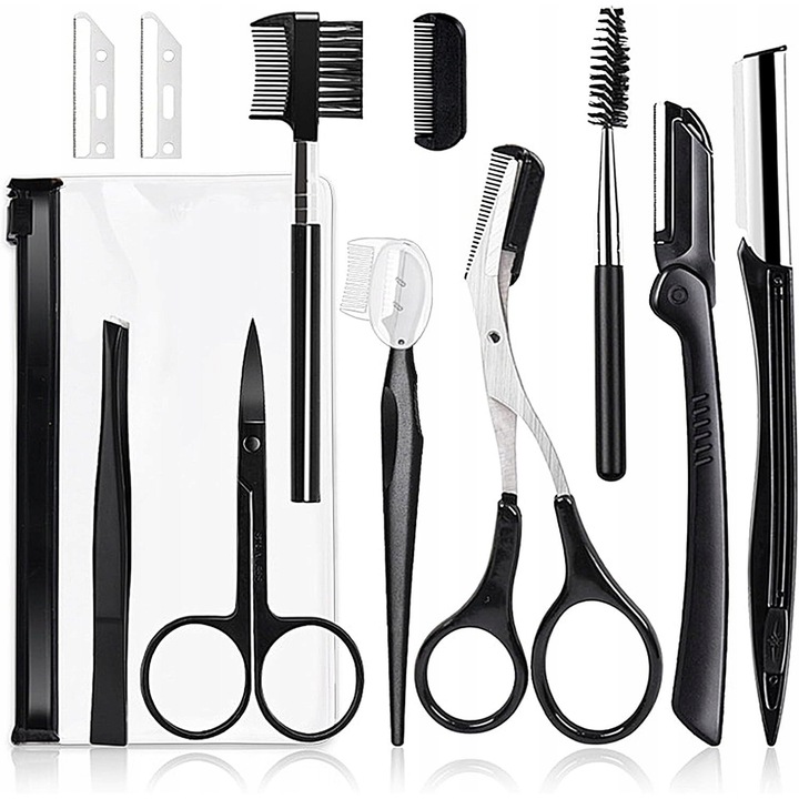 Set de stilizare sprancene 11 unelte, MOSTFUN, din otel inoxidabil, ergonomic, multicolor