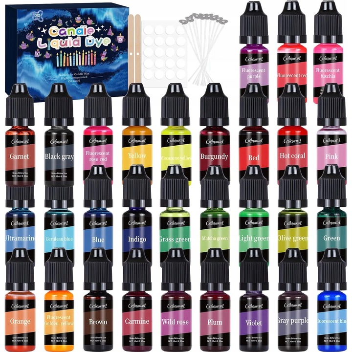 Set de productie lumanari, 30 coloranti lichizi, 10 knoturi, multicolor, 10 ml fiecare