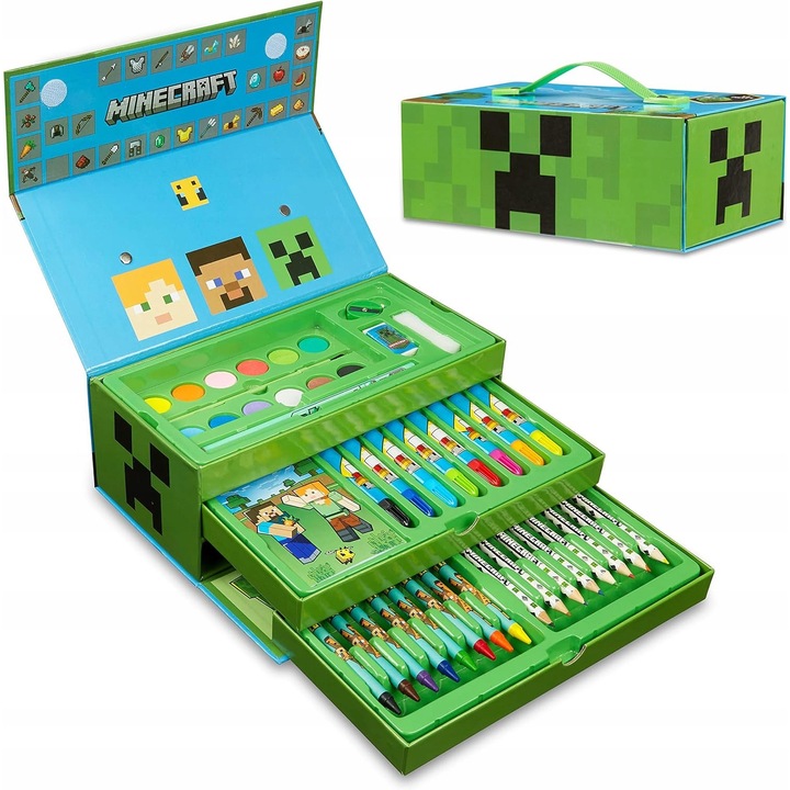 Set de colorat Minecraft, 12 acuarele, 8 carioci, 8 creioane, 1 pensula, 1 mini colorare, 3 niveluri, portabil