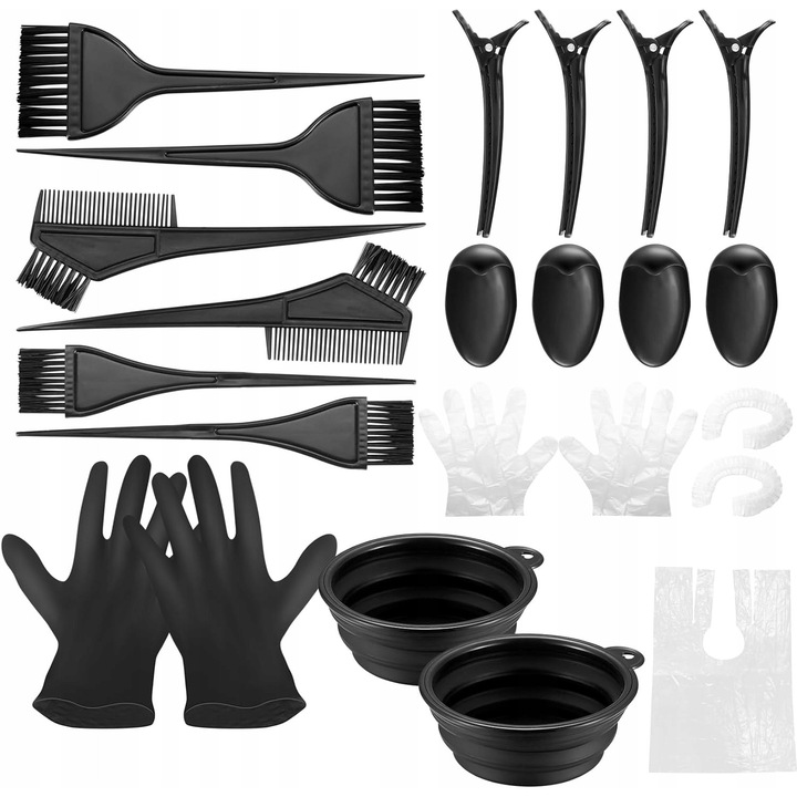Set 22x accesorii vopsit par, pensule, manusi, negru si transparent