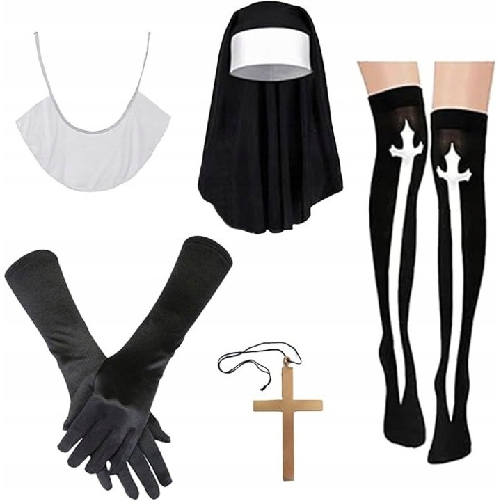 Set accesorii costum calugarita, Lufdegim, voal, guler, ciorapi, cruce, negru