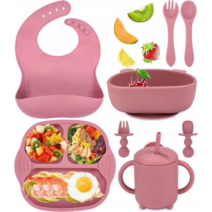 8 az 1-ben szilikon babakészlet tapadókoronggal, cumisüveg, tányér, tál, kanalak és villák, rózsaszín