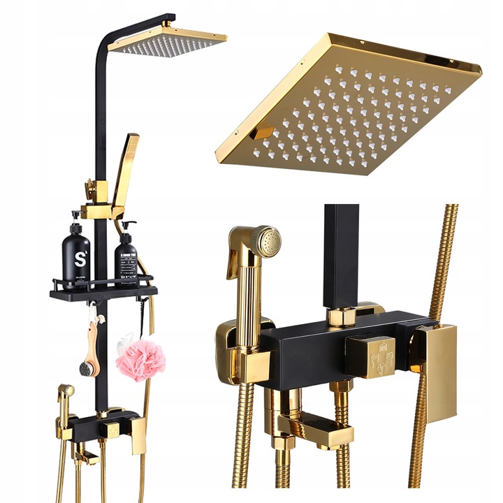 Set de dus negru si auriu, baterie de baie, design modern, lungime furtun 150cm