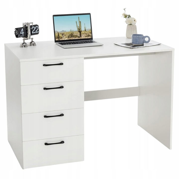 Birou pliabil din lemn alb cu 4 sertare, ideal pentru birou acasa sau studiu, 110x60x76cm