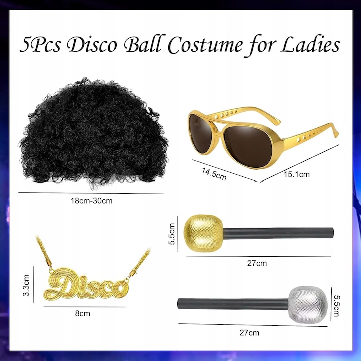 Costum disco anii 70/80, set cu peruca, ochelari, lant si microfon, multicolor