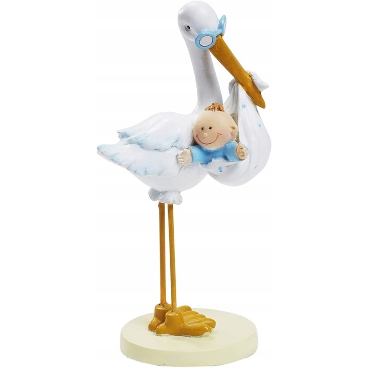 Figurina decorativa tort, stork cu baiat, 11 cm, albastru si alb, set petrecere nastere.