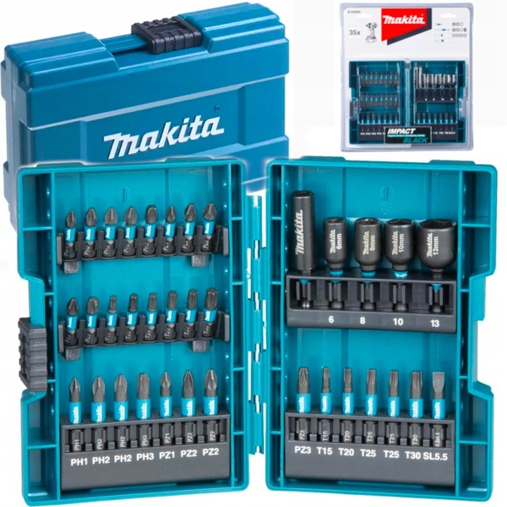 Set de biti si nasada impact Makita, 35 piese, otel S2, rezistenta ridicata, dimensiuni variate