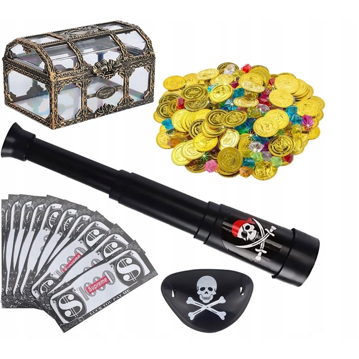 Set jucarii pirat, 36 piese, harta tezaur, cutie tezaur, pentru copii