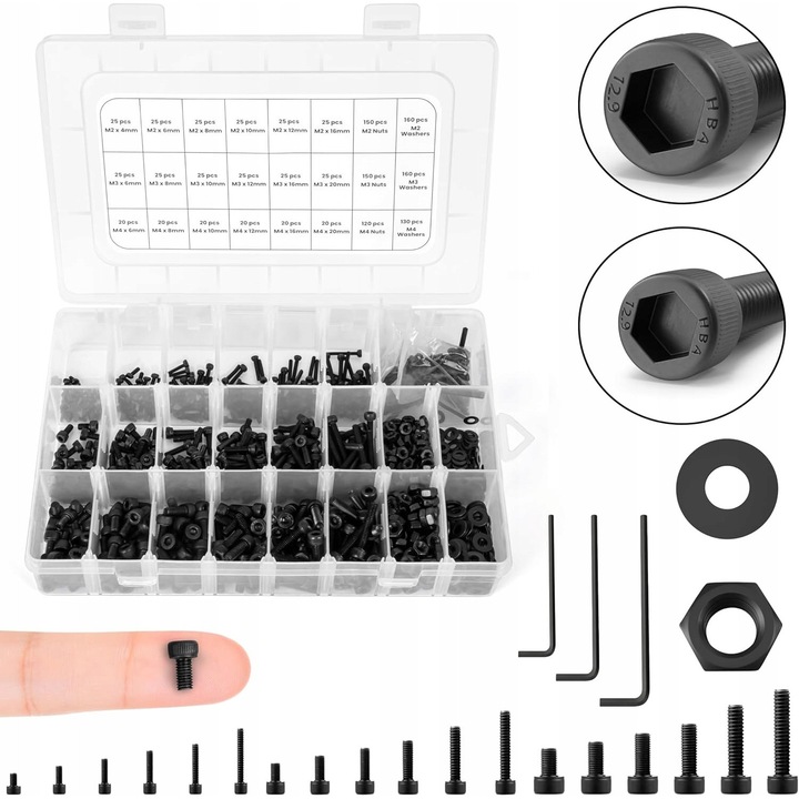 Set suruburi imbus M2 M3 M4, 1290 piese, negru, in etui
