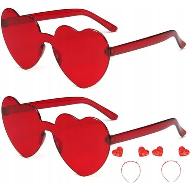 Set 2x Ochelari de soare in forma de inima, rosii, 14,5x5,5cm, cu 2 opase din inima