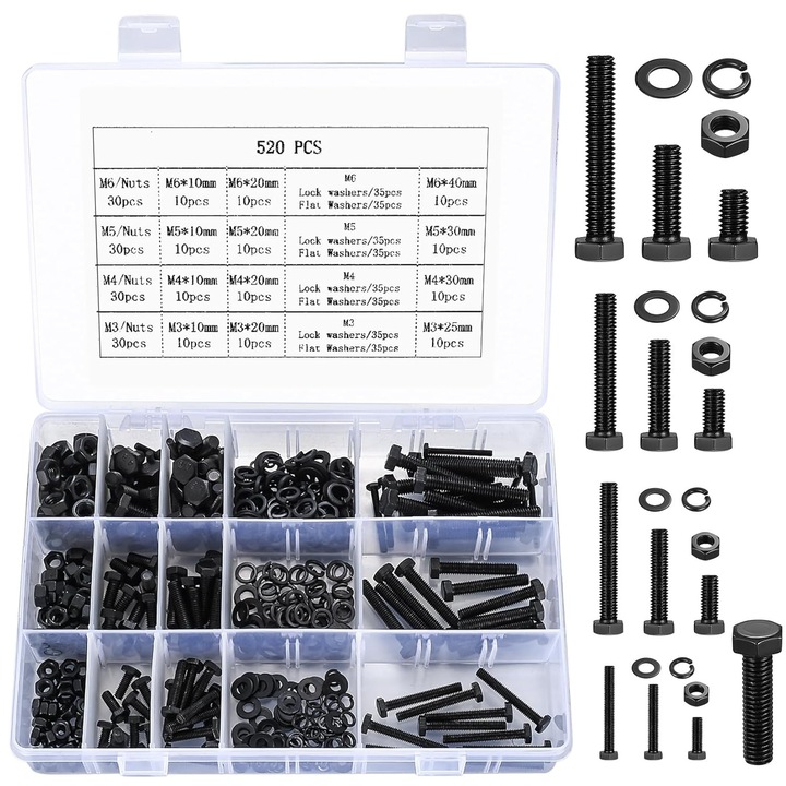 Set suruburi hexagonale din otel inoxidabil, 520 piese, negru, cutie de depozitare