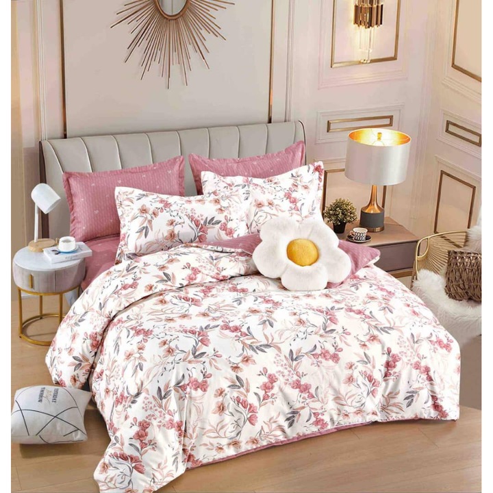 Lenjerie de pat dublu, 2 persoane, bumbac Finet, 6 Piese, Cearceaf de pat cu elastic 230x250 cm, Cearceaf pilota 200 x 230 cm, 2 fete de perna 70 x 70 cm, 2 fete de perna 50 x 70cm, MHR-1819