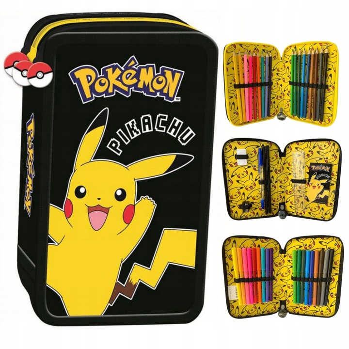 Iskolai tolltartó, 3 emeletes, Pokemon Pikachu, fekete-sárga, 18 ceruzával, 9 filctollal, 9 rostirónnal, 2 grafitceruzával, 2 tollal, 19,5x13x6cm