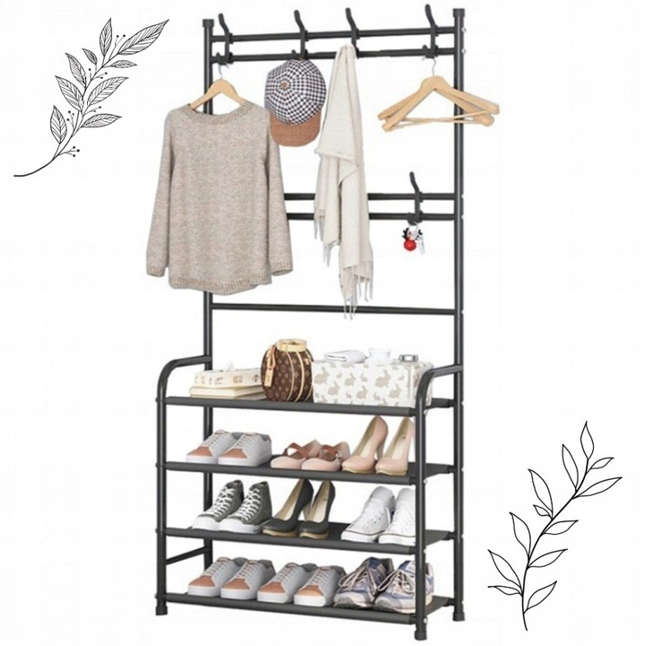 Cuier metalic negru cu rafturi, 7 carlige, 152x80x26cm, pentru organizarea hainelor si incaltamintei