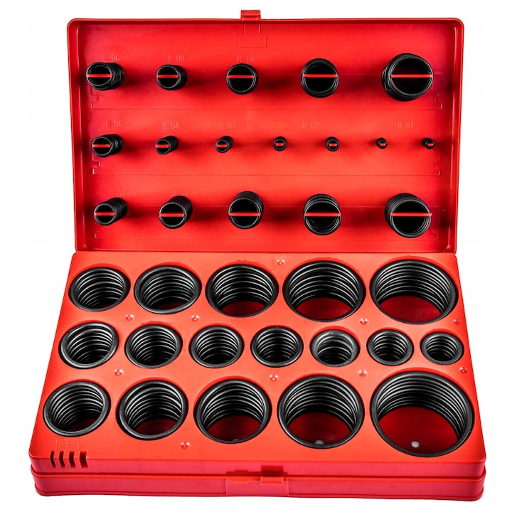 Set 419 O-ringuri, Forsage, diverse dimensiuni R1-R32, material elastic, caseta de depozitare