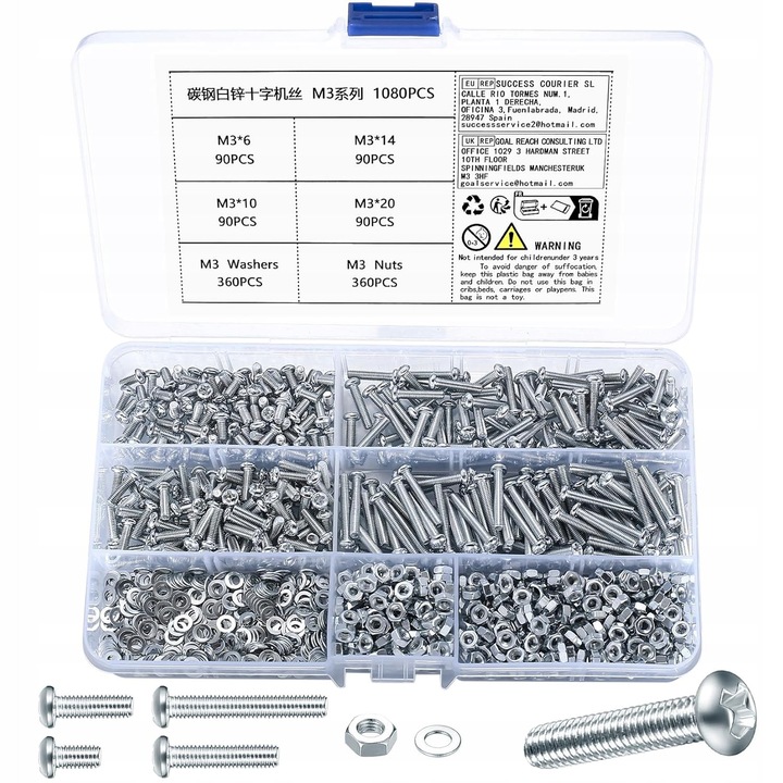 Set suruburi si piulite M3, 1080 piese, argintiu, in etui