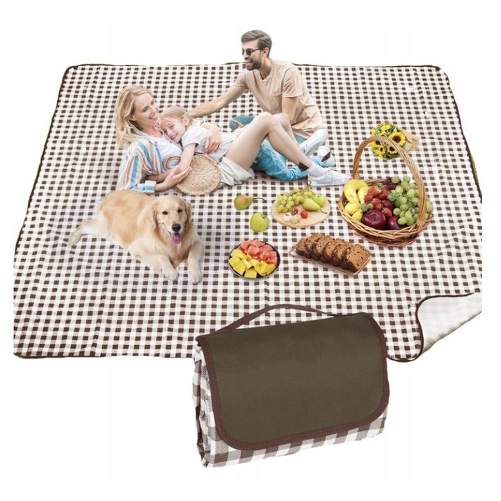 Patura picnic mare, 200x200cm, constructie pliabila, culoare bruna, ideala pentru plaja si camping