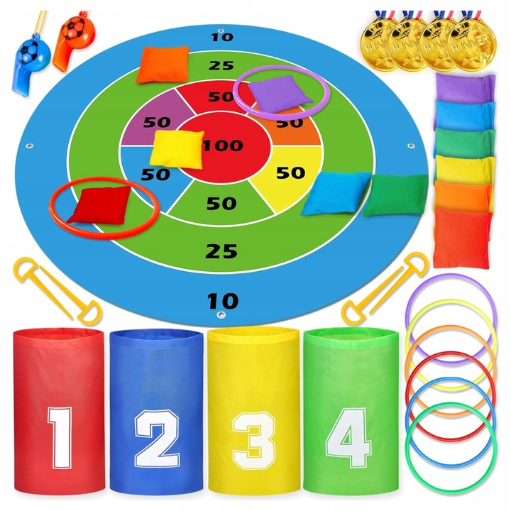 Комплект игри на открито за деца, хвърляне на рингове, чували за скачане, медали, 6 цветни ринга, 6 торби с боб, 2 свирки, 4 стълба, многоцветен