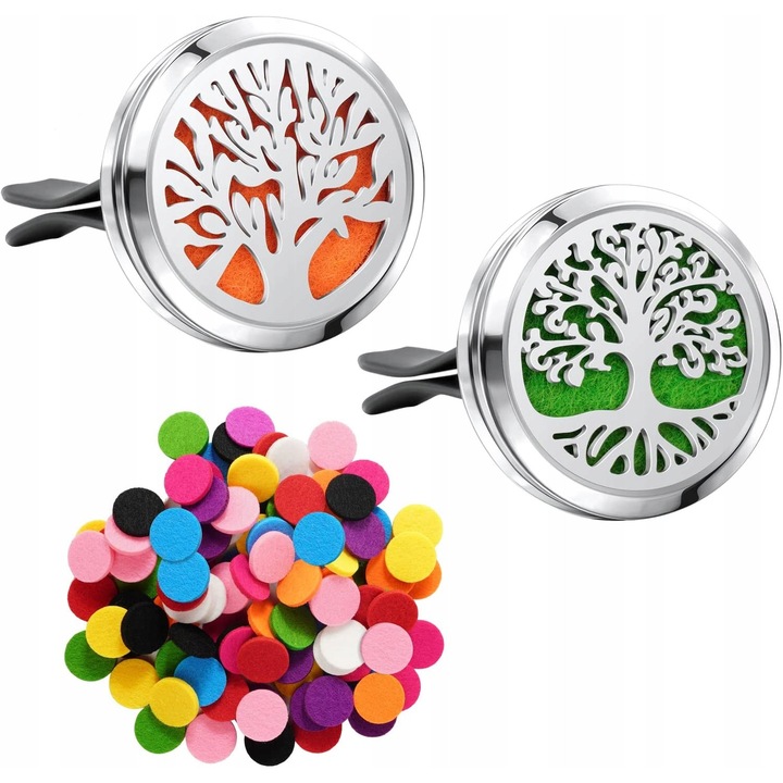 Set difuzor auto pentru uleiuri esentiale, 2 bucati + 50 suporturi din fetru, magnetic, argintiu