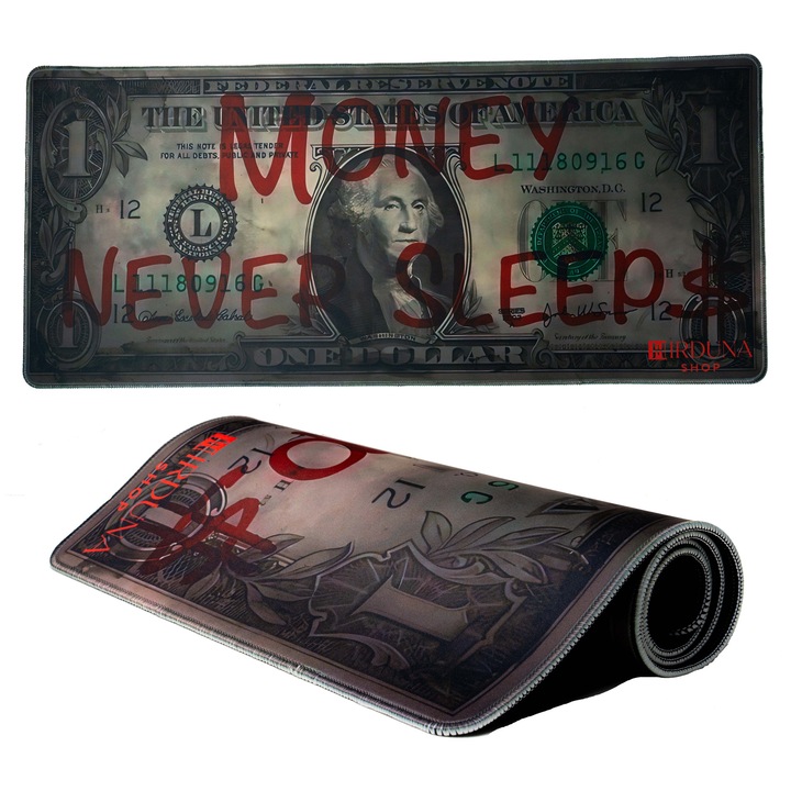 Mousepad Gaming Dolar Money Money Never Sleeps XXL 900x400x4mm Desk Mat, Mousepad pentru Birou si Gaming, Waterproof, Cusut la Margini, Baza Anti-Slip, Design Unic Hirduna Shop