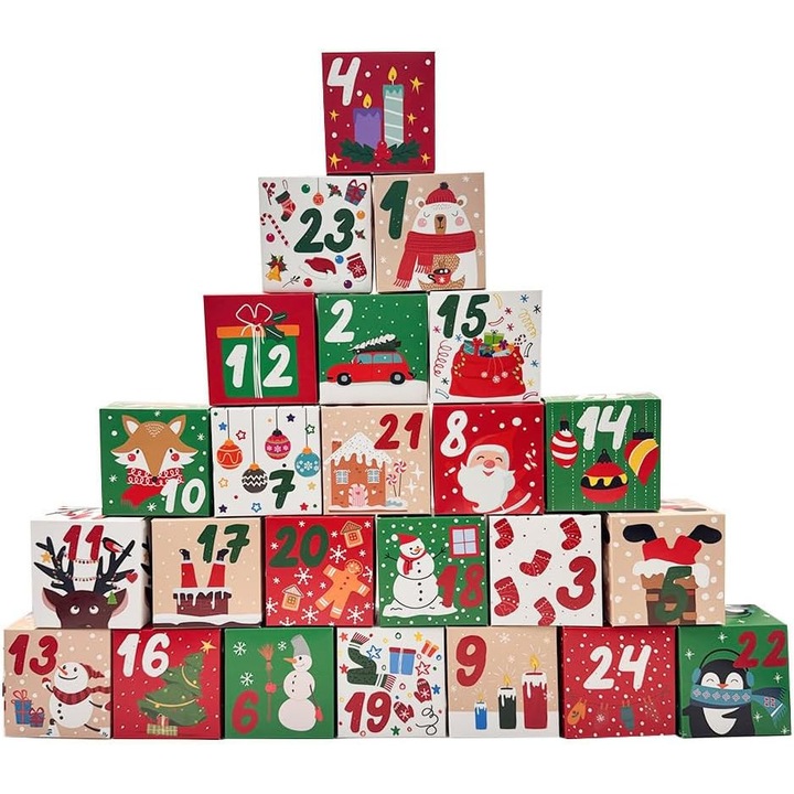 Комплект адвент календар с кутии за подаръци, многоцветен, 24 броя