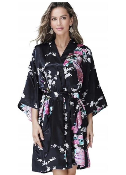 Halat de dama, kimono japonez traditional, negru, poliester, marime unica INTL