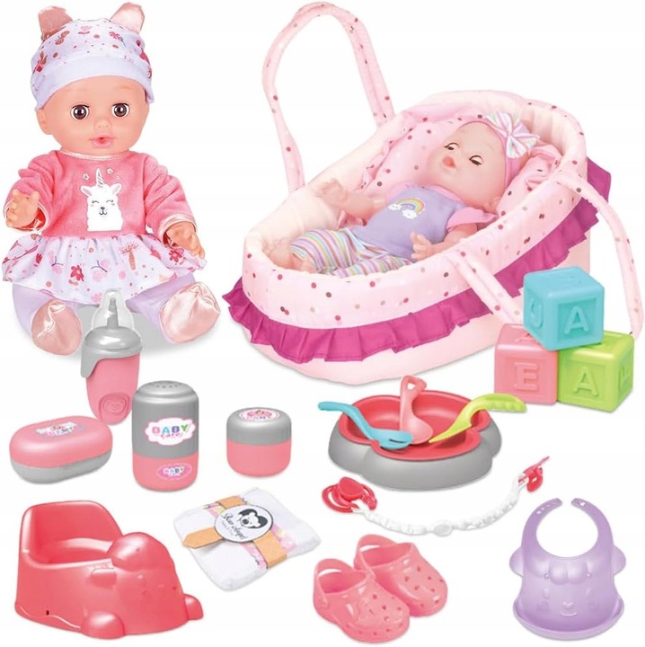 Set papusa nou-nascut cu accesorii si suport, 19 elemente, multicolor