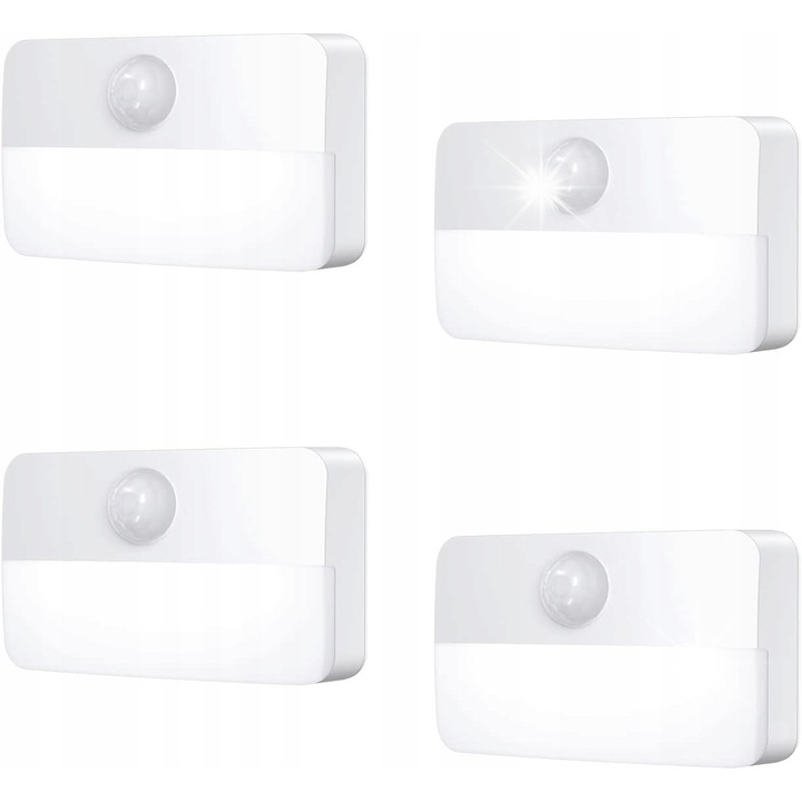 Set 4 lampi de veghe LED, cu senzor de miscare, alb, 6.5x4x2cm