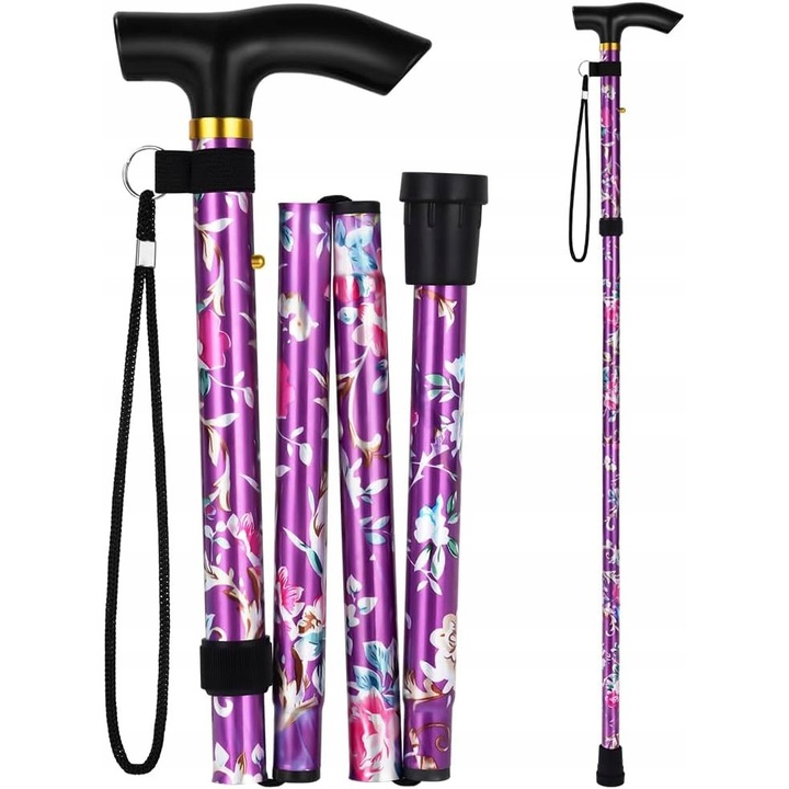 Baston pentru seniori, pliabil, din aluminiu, lungime reglabila 85-95cm, capacitate 120kg