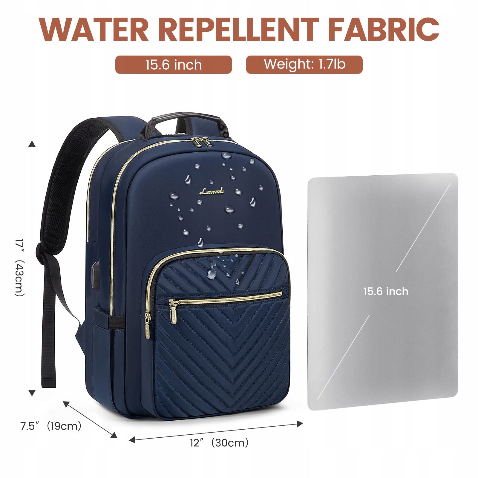 Rucsac laptop, LOVEVOOK, 15,6 inch, waterproof, cu port USB, albastru, 43x30,5x19cm