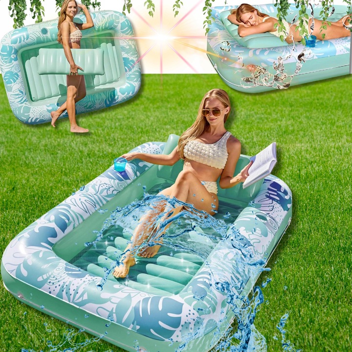 Saltea plaja gonflabila 178x117cm, turcoaz, cu perne si suport pentru bauturi, set 4 in 1