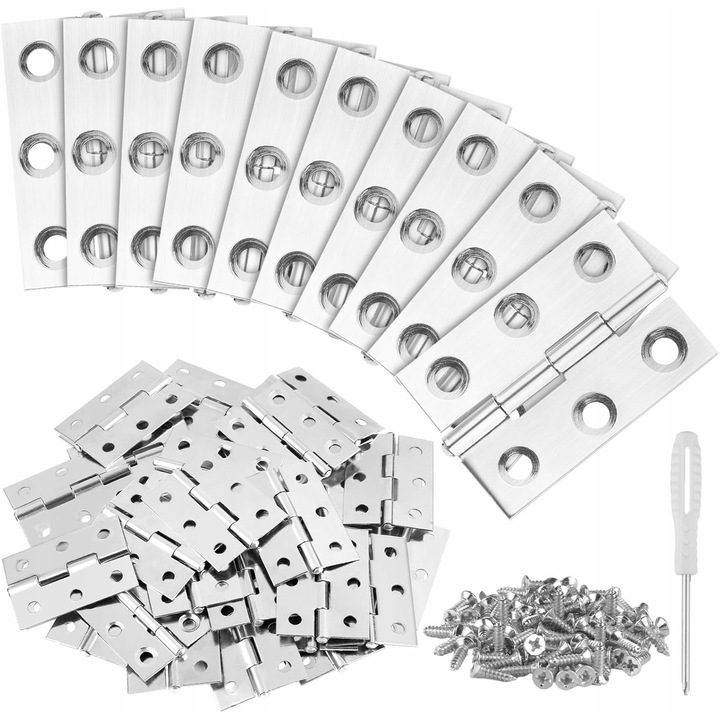 Balamale mini din otel inoxidabil, 30 bucati, argintii, 6 gauri de fixare